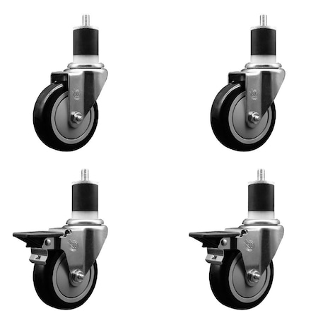 Service Caster 4'' Black Poly Wheel Swivel 1-7/8'' Expanding Stem Caster Set 2 Brakes, 4PK SCC-EX20S414-PPUB-BLK-2-PLB-2-178